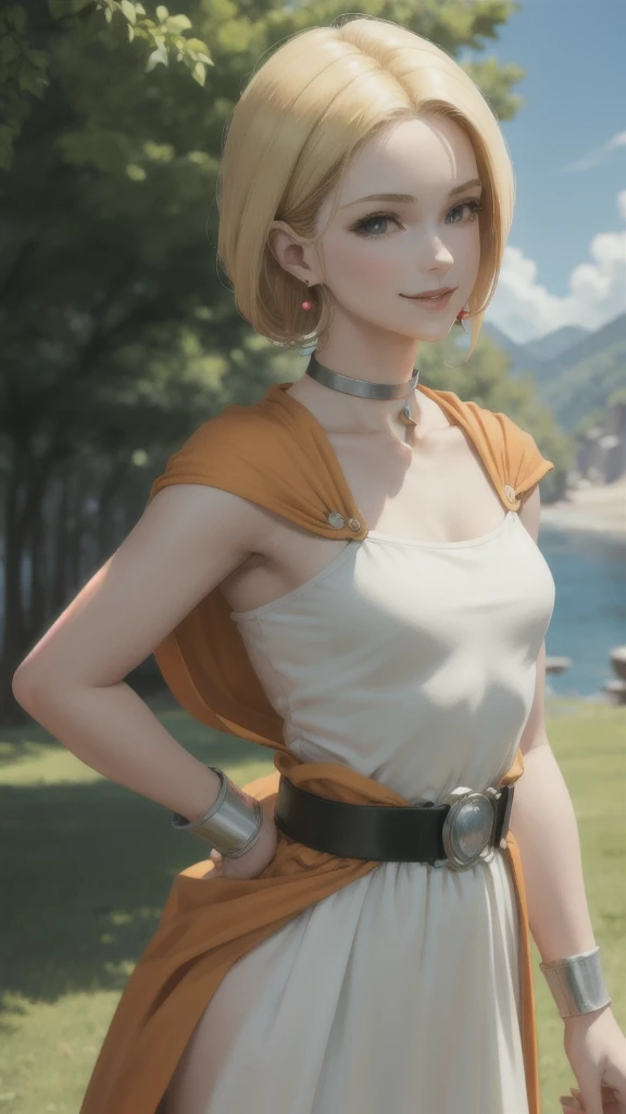 masterpiece, Highest quality, DQ Bianca, Single Blade, Earrings, choker, Blonde, Orange Cape, Green Dress, belt, slouch, Facing forward, View your viewers, Small breasts, Upper Body, From the side, smile, fist