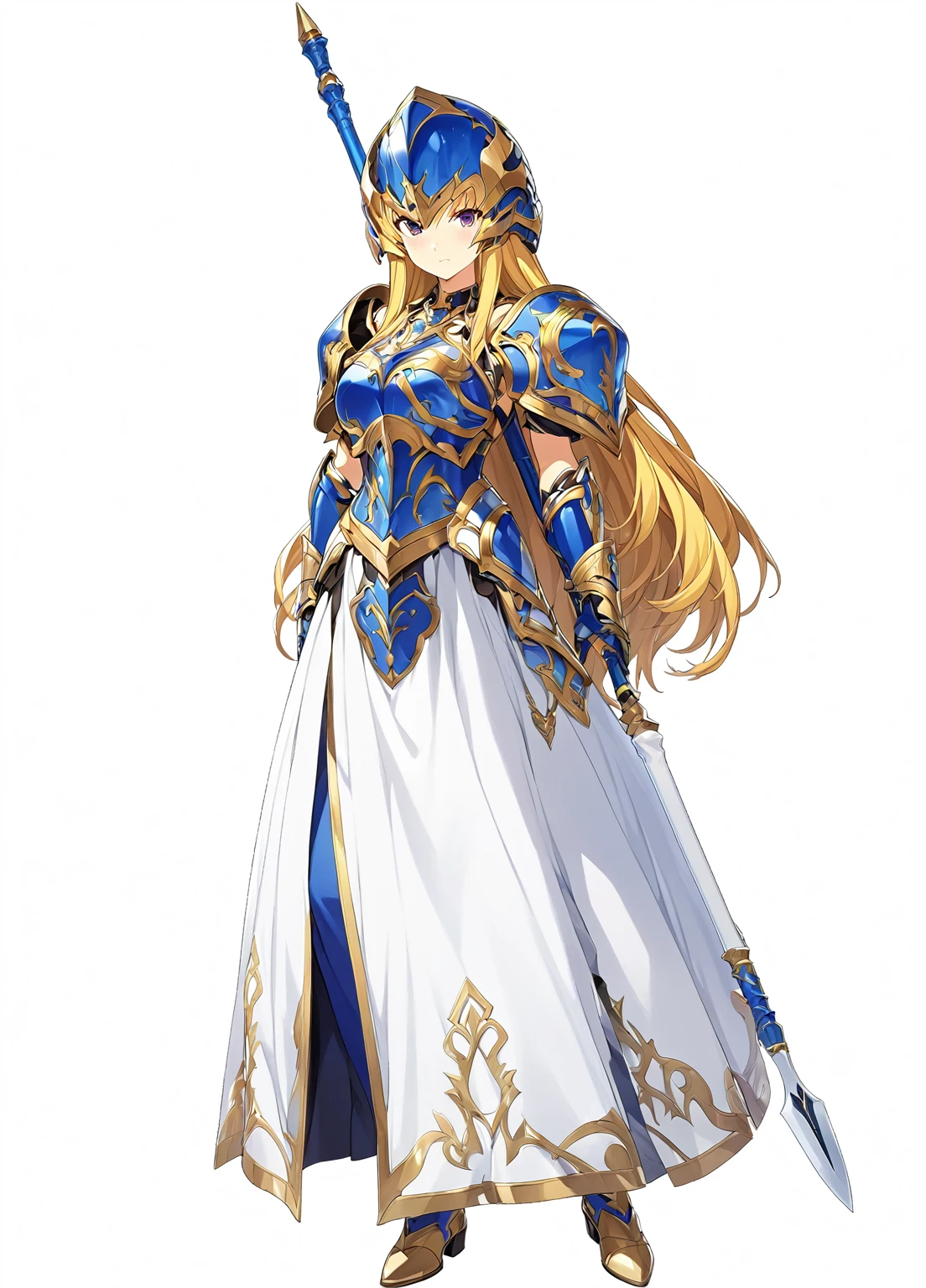 high quality, high resolution, high qualityのゲームアートスタイル, whole body,Valkyrie,perfect hand,Official Art, Smooth game CG art, Visual Novel Sprites, White background,Smooth game CG art, (((Woman with a long spear))),A woman wearing a white dress and blue armor, An intricately designed helmet with white feathers,Small shield, (((In his right hand he holds an elaborate long spear))),Exquisite Blue Armor,Golden Hair, long hair, female knight, Rin々Shii,Large Bust,20-year-old,