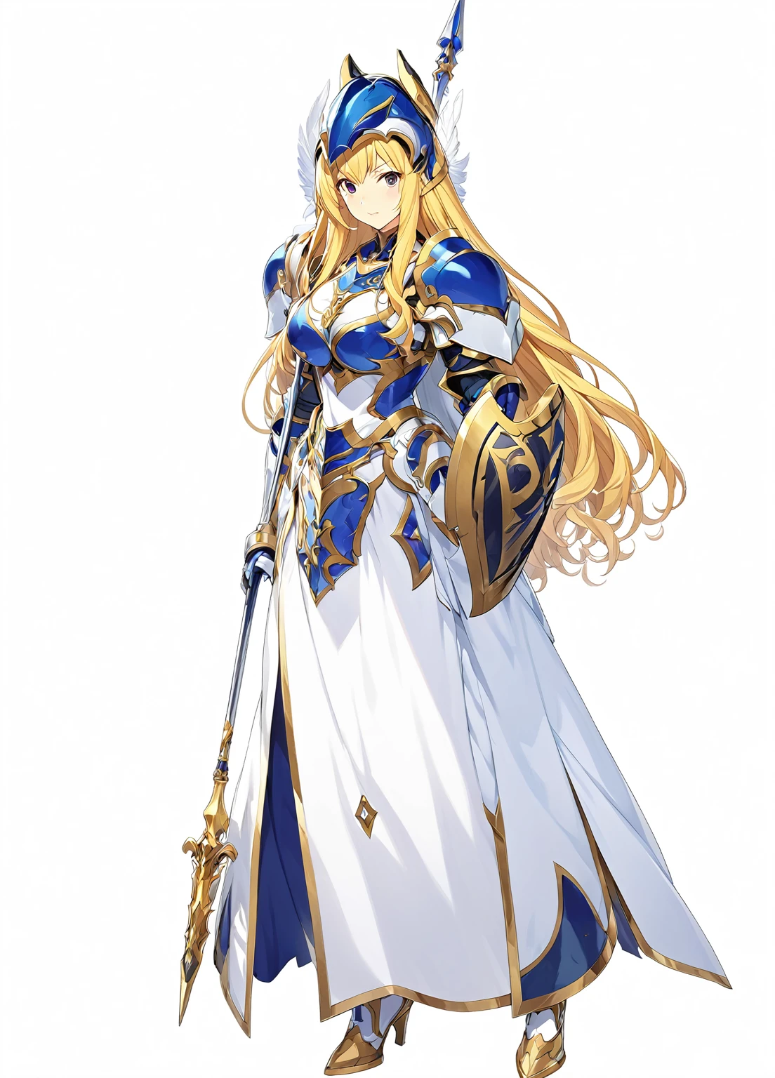 high quality, high resolution, high qualityのゲームアートスタイル, whole body,Valkyrie,perfect hand,Official Art, Smooth game CG art, Visual Novel Sprites, White background,Smooth game CG art, (((Woman with a long spear))),A woman wearing a white dress and blue armor, An intricately designed helmet with white feathers,Small shield, (((In his right hand he holds an elaborate long spear))),Exquisite Blue Armor,Golden Hair, long hair, female knight, Rin々Shii,Large Bust,20-year-old,