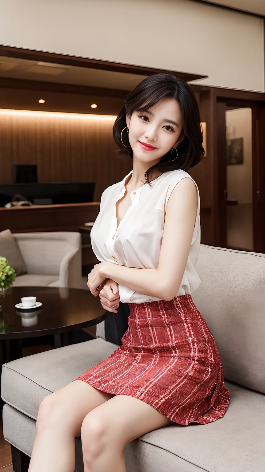 career woman、Heavy makeup、Bright red lips,masterpiece,best quality,ultra detailed,highres,high-resolution,4K,realistic,RAW photo,((real person)),portrait photography,photorealistic,detailed skin,(delicate black eyes ), A soothing woman with sagging eyes,Calm and calm, middle hair,skinny,clothing,The wind is blowing,tareme、Highest quality、Realistic characters、A reception room on the top floor of a high-rise building、secretary、Office lady suit、mini skirt、CHANELWind、Byheel、Beautiful legs、Sitting on the sofa、Panty shot、elegant、Perfect Makeup、Beautiful décolleté、Anatomically correct、eight-headed body、Beautiful posture、Japanese、nice smile、Bright red lips、The perfect dress shirt