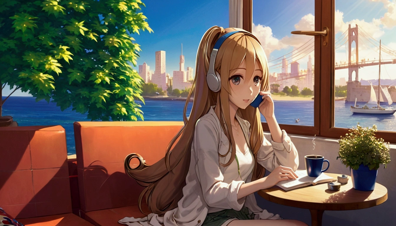 beautiful,barefoot,beautiful,Reading a book, Feminized Maple Manyo、Long-haired girl relaxing and drinking coffee at a beach cafe、Big eyes、City pop fashion、The sea spreads out before your eyes