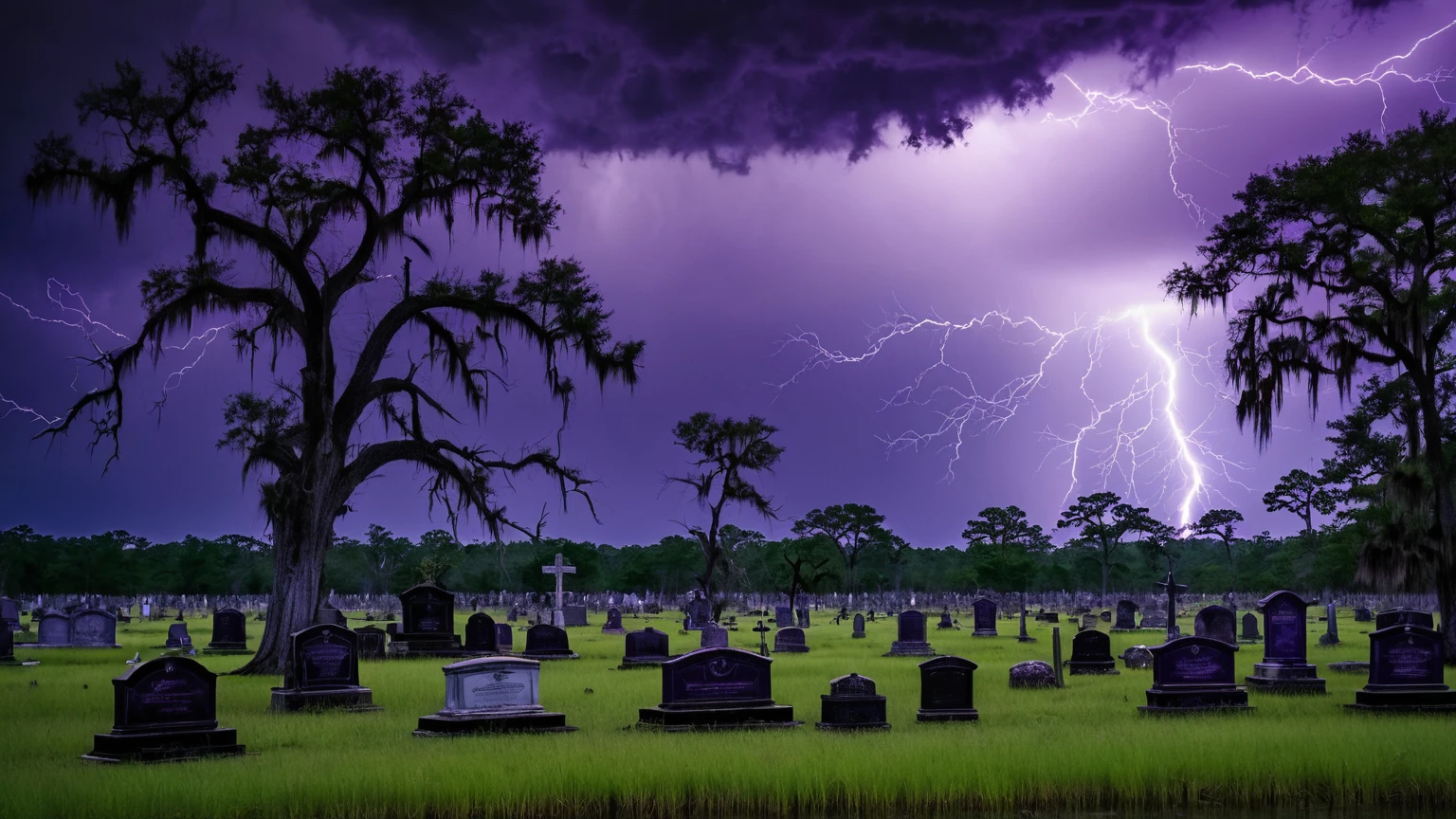 darkest atmosphere, dark purple & black storm clouds during the night, darkness, lightning, old creepy graveyard with cemetery gates, bald cypress trees & marshes, Louisiana swamp, scary, background