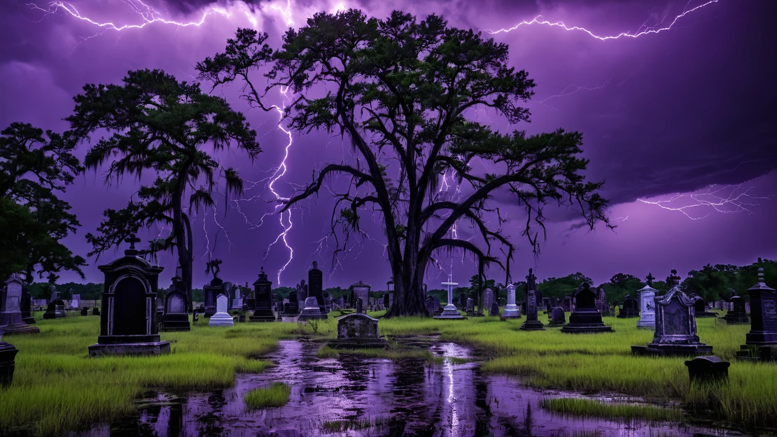 darkest atmosphere, dark purple & black storm clouds during the night, darkness, lightning, old creepy graveyard with cemetery gates, bald cypress trees & marshes, Louisiana swamp, scary, background