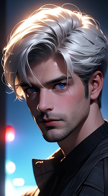 (best quality, masterpiece, 8K, photorealistic, cinematic lighting, hdr image, ultra detailed, beautiful image), 1 man, 31 years old, mature man, very handsome, (without expression, serious), short white hair, blue eyes ( penetrating gaze), perfect face without errors, imposing posture, without errors, businessman, office background