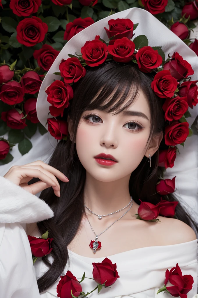A black crown decorated with red roses and surrounded by white