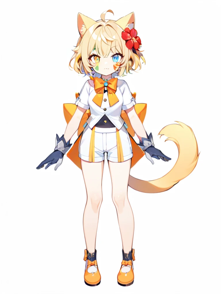 1girl,  animal ears, blonde hair, blue eyes, bow, bowtie,, closed mouth, facial mark, fang, flower, full body, gloves, green eyes, hair flower, hair ornament, heterochromia, orange bow, short hair, solo, standing, tail, , white background, yellow eyes,chest, trousers, white shorts with trousers,