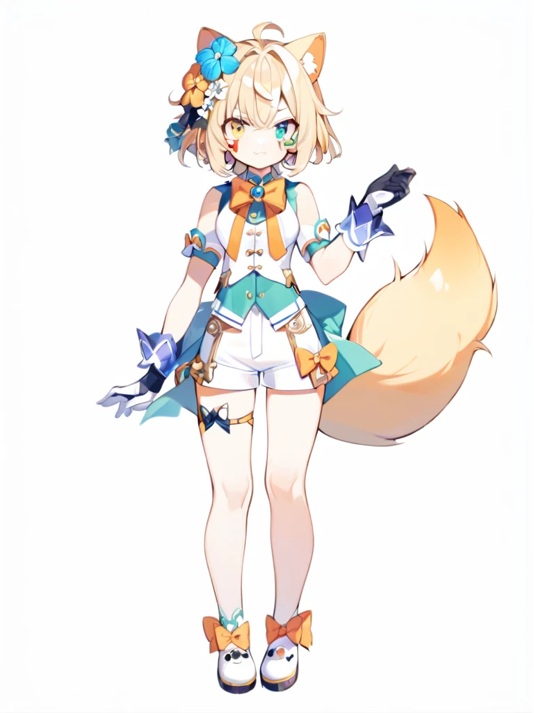 1girl,  animal ears, blonde hair, blue eyes, bow, bowtie,, closed mouth, facial mark, fang, flower, full body, gloves, green eyes, hair flower, hair ornament, heterochromia, orange bow, short hair, solo, standing, tail, , white background, yellow eyes,chest, trousers, white shorts with trousers,