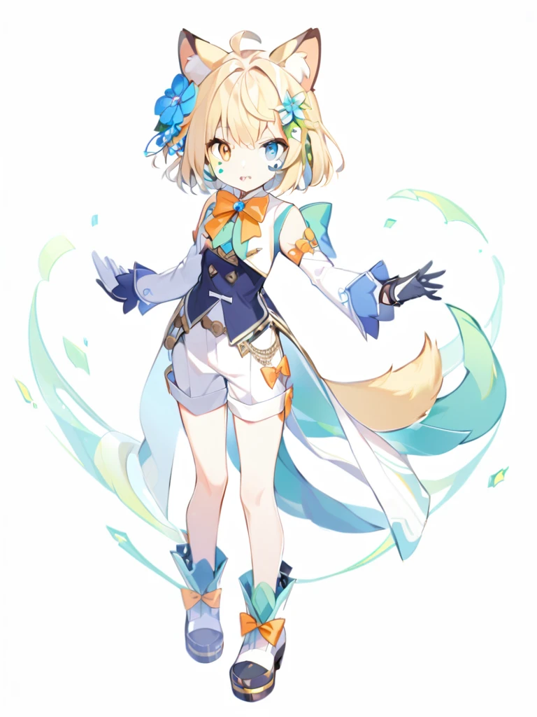 1girl, animal ears, blonde hair, blue eyes, bow, bowtie,, closed mouth, facial mark, fang, flower, full body, gloves, green eyes, hair flower, hair ornament, heterochromia, orange bow, short hair, solo, standing, tail, , white background, yellow eyes,chest, trousers, white shorts with trousers,