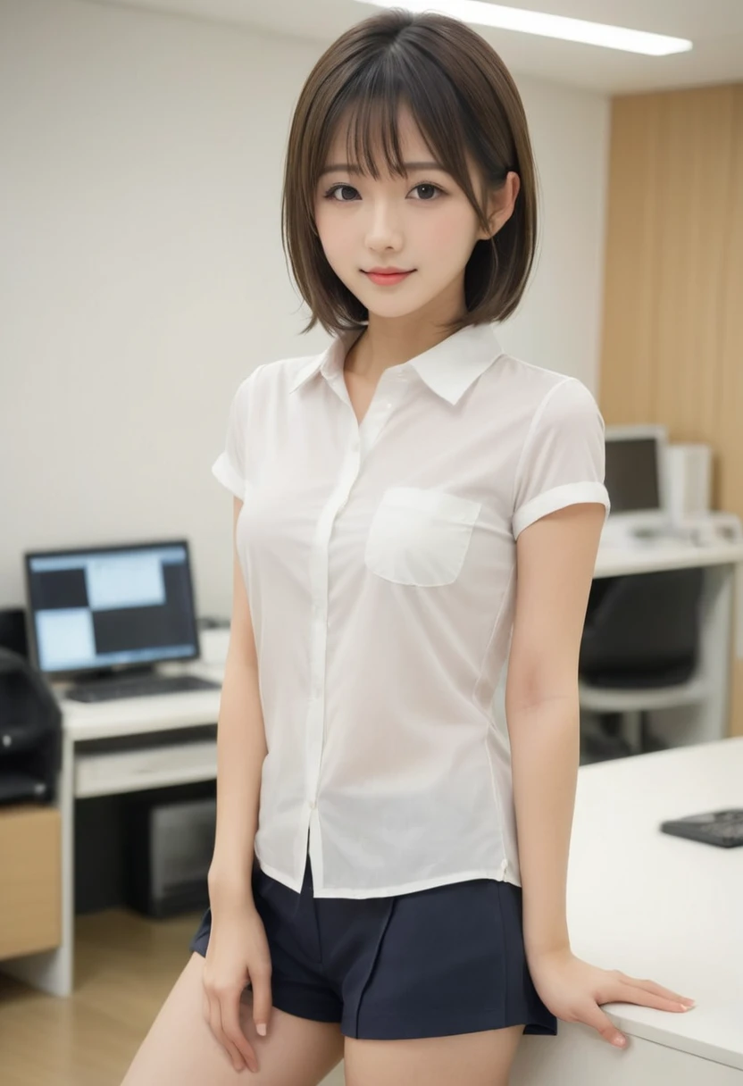 1girl,japanese cute girl,a photography of a beautiful girl,black eyes,cute,medium bob hair,
within the company,working office,work clothes,glimpse,erotic ass,whole body,no make-up,intricately detailed,bangs, slim, medium breasts, neat_and_clean beautiful cute friendly face, 28 yo, perfect body shape, shirt,erotic legs,back,