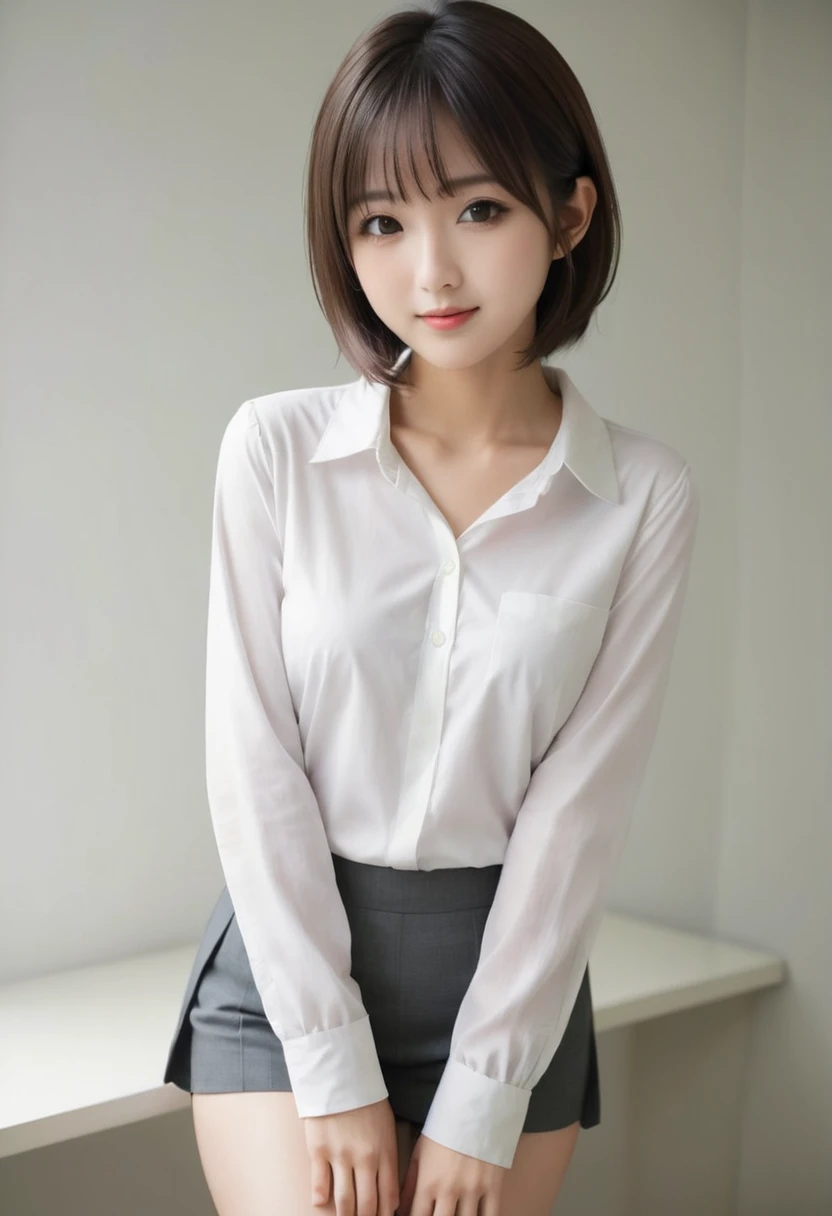 1girl,japanese cute girl,a photography of a beautiful girl,black eyes,cute,medium bob hair,
within the company,working office,work clothes,glimpse,erotic ass,whole body,no make-up,intricately detailed,bangs, slim, medium breasts, neat_and_clean beautiful cute friendly face, 28 yo, perfect body shape, shirt,erotic legs,back,