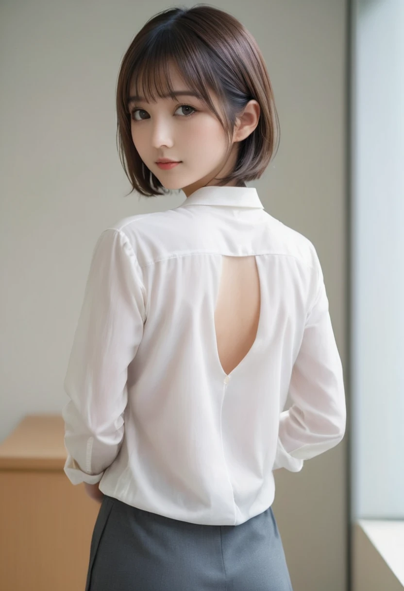 1girl,japanese cute girl,a photography of a beautiful girl,black eyes,cute,medium bob hair,
within the company,working office,work clothes,glimpse,erotic ass,whole body,no make-up,intricately detailed,bangs, slim, medium breasts, neat_and_clean beautiful cute friendly face, 28 yo, perfect body shape, shirt,erotic legs,back,