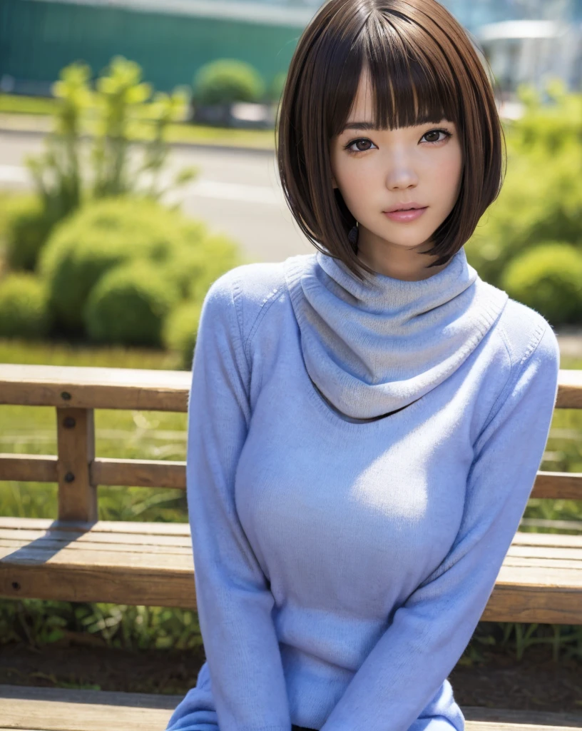 pureerosface_v1:0.3, best quality, photorealistic, 8k, high res, full color, 1girl, woman, 20 years old woman, (skindentation), (portrait:0.6), trees, park bench, daylight, ((park background:1.52)), full color, ((necksweater:1.68)), looking at viewer:1.8, (1girl eyes looking at viewer:1.55), (short-length hair, brownhair, partedbangs:1.45), (bokeh),
