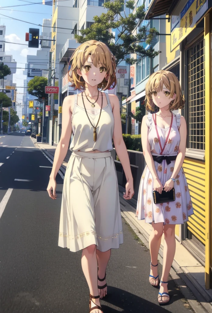 Irohaisshiki, isshiki iroha, One Woman,short hair, Brown Hair, (Brown eyes:1.5), happy smile, smile, Open your mouth,White hat,Yellow Tank Top,Locket Necklace,Long skirt,Heeled Sandals,Palm tree,True Summer,Daytime,Clear skies,Walking,whole bodyがイラストに入るように,
break outdoors,In town,Tropical,Okinawa Kokusai Street,
break looking at viewer,whole body,
break (masterpiece:1.2), Highest quality, High resolution, unity 8k wallpaper, (figure:0.8), (Beautiful attention to detail:1.6), Highly detailed face, Perfect lighting, Highly detailed CG, (Perfect hands, Perfect Anatomy),