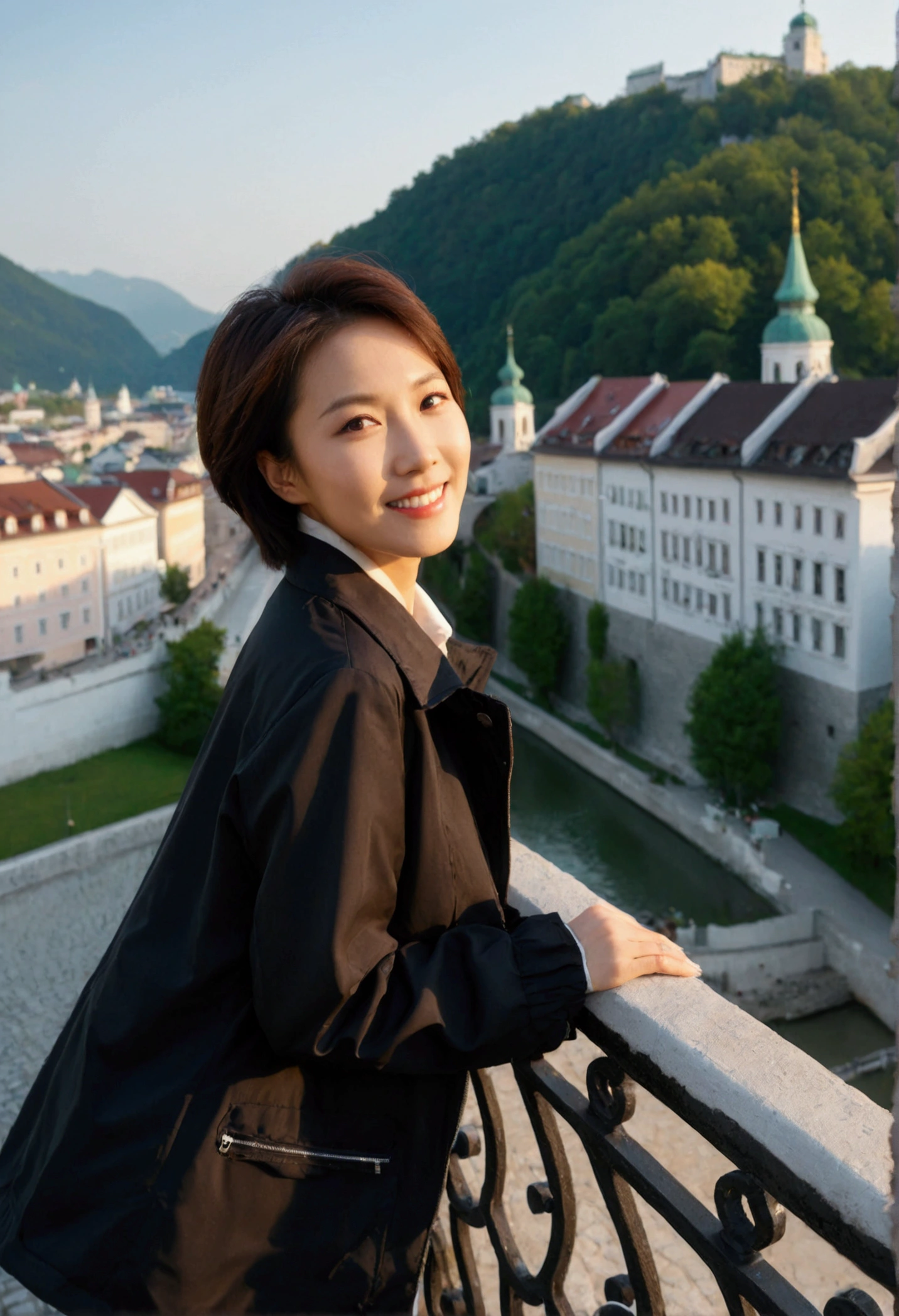 high quality, 1 woman, ((36-year-old healthy Korean woman)), ((36 years old)), 1 woman, eyes are big and beautiful. ((slim)), ((short medium hair)), Smile. pose: standing, windbreaker jacket, background:Your residence is a baroque townhouse with a plaster façade and wrought iron railings.. Overlooking the Salzach River and Hohensalzburg Fortress, red light of sunset, looking slightly up, 1 woman, Full body shot with Canon 16-34 wide angle lens, river view, looking up the side