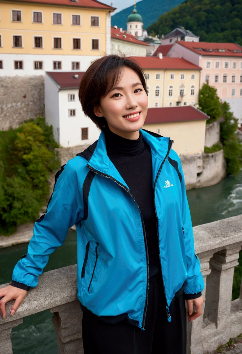 high quality, 1 woman, ((36-year-old healthy Korean woman)), ((36 years old)), 1 woman, eyes are big and beautiful. ((slim)), ((short medium hair)), Smile. pose: standing, windbreaker jacket, background:Your residence is a baroque townhouse with a plaster façade and wrought iron railings.. Overlooking the Salzach River and Hohensalzburg Fortress, red light of sunset, looking slightly up, 1 woman, Full body shot with Canon 16-34 wide angle lens, river view, looking up the side