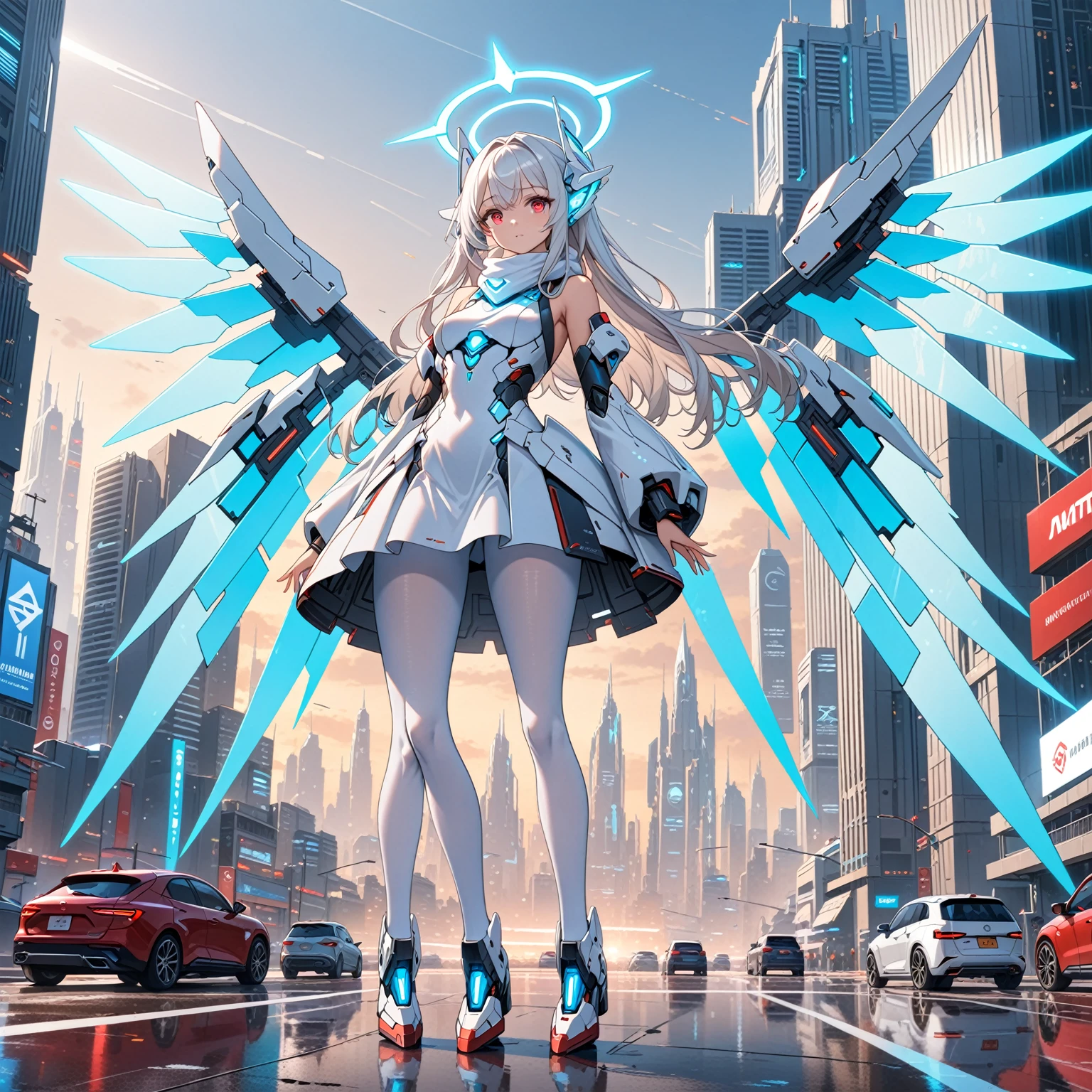 masterpiece, highest quality, highest resolution, clear_image, detailed details, white hair, long hair, 1 girl, car ears, red eyes, futuristic wings, futuristic halo, white sci fi mecha dress, white scarf (around the neck withn a light blue glow), white pantyhose, full body, no water marks, city