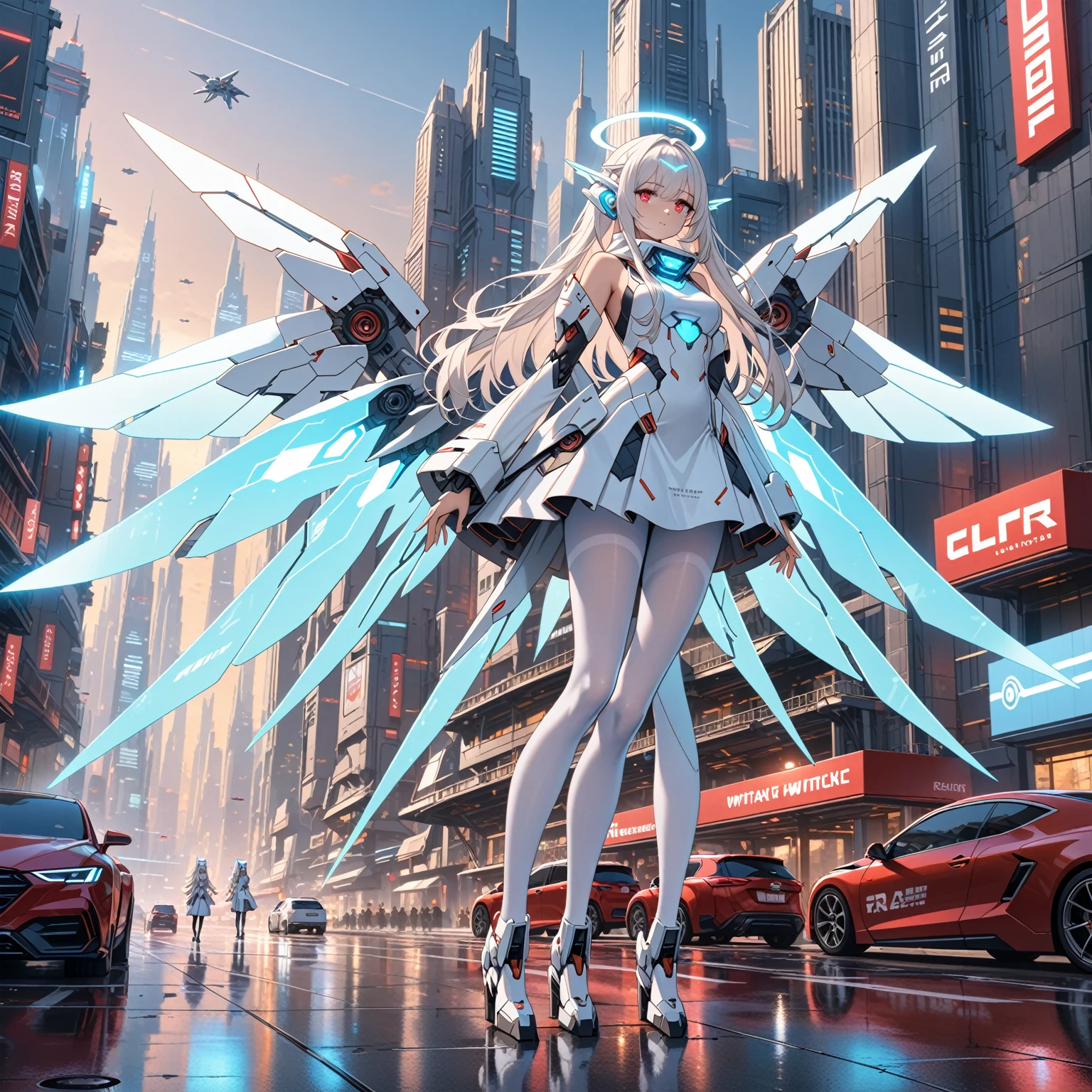 masterpiece, highest quality, highest resolution, clear_image, detailed details, white hair, long hair, 1 girl, car ears, red eyes, futuristic wings, futuristic halo, white sci fi mecha dress, white scarf (around the neck withn a light blue glow), white pantyhose, full body, no water marks, city