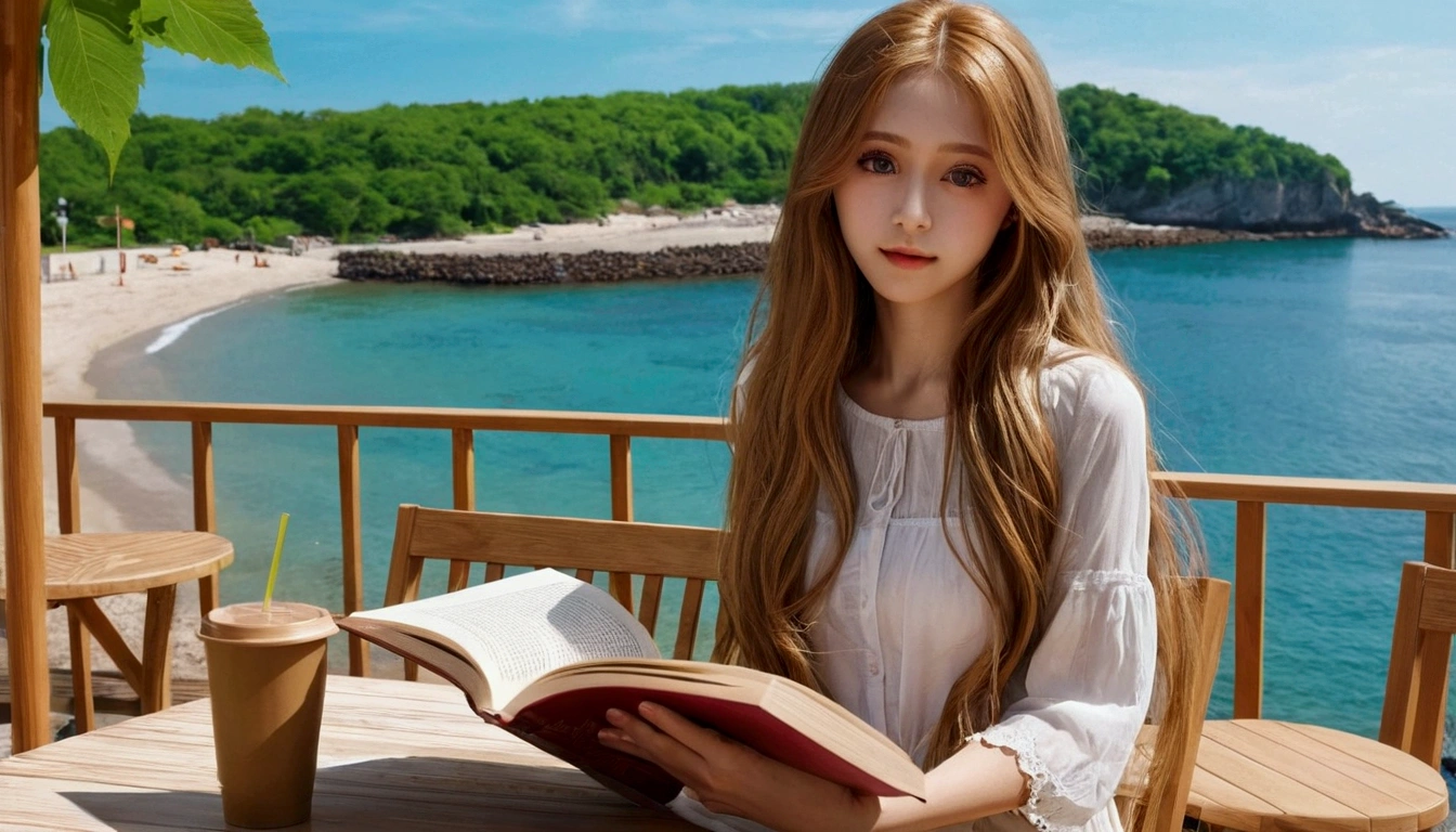 beautiful，barefoot，beautiful，Reading a book, Feminized Maple Manyo、Long-haired girl relaxing and drinking coffee at a beach cafe、Big eyes、City pop fashion、The sea spreads out before your eyes
