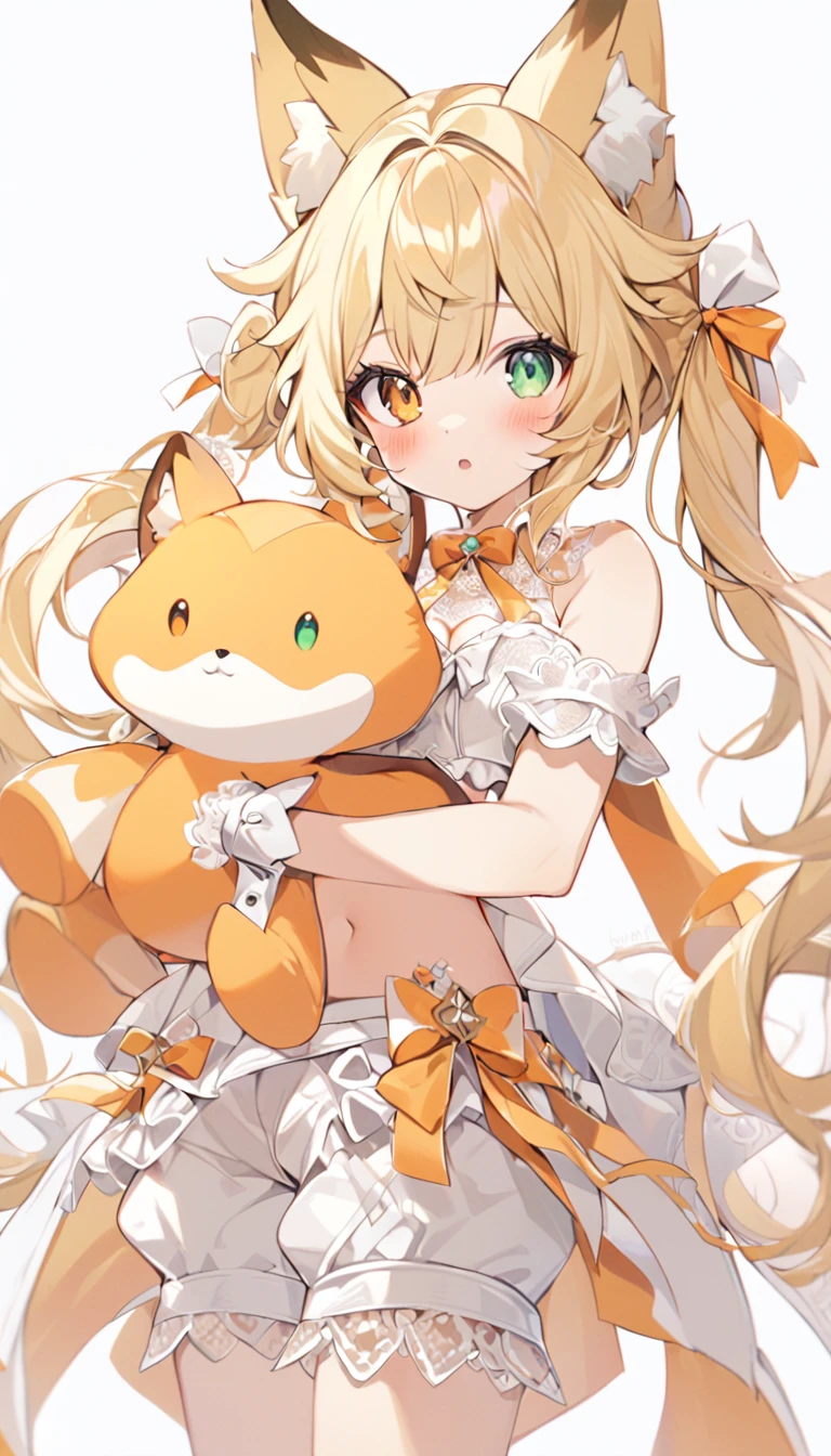 The fox girl,1girl, animal ears, bangs, bare shoulders, blonde hair, blush, bow, breasts, white cleavage, cropped torso, , green eyes, hair ribbon, heterochromia, holding, holding stuffed toy, looking at viewer, open mouth, orange bow, orange eyes, orange ribbon,  ribbon, solo, stuffed animal, , , twintails, upper body, full-length, white legbands, white shoes with lace and white bows, white background, wrist cuffs, yellow eyes, bloomers, close-up, fair skin frills, lace, midriff, skirt, solo, , white background,shorts, white top with ribbon and lace and trousers,trousers, genshin,white slippers with a bow,All clothes are white, laceAt full height, it stands