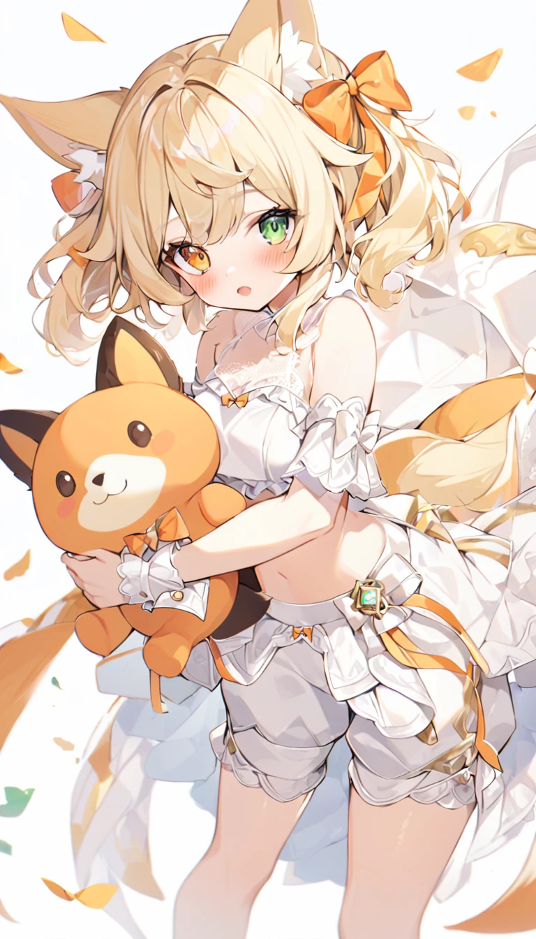 The fox girl,1girl, animal ears, bangs, bare shoulders, blonde hair, blush, bow, breasts, white cleavage, cropped torso, , green eyes, hair ribbon, heterochromia, holding, holding stuffed toy, looking at viewer, open mouth, orange bow, orange eyes, orange ribbon,  ribbon, solo, stuffed animal, , , twintails, upper body, full-length, white legbands, white shoes with lace and white bows, white background, wrist cuffs, yellow eyes, bloomers, close-up, fair skin frills, lace, midriff, skirt, solo, , white background,shorts, white top with ribbon and lace and trousers,trousers, genshin,white slippers with a bow,All clothes are white, laceAt full height, it stands