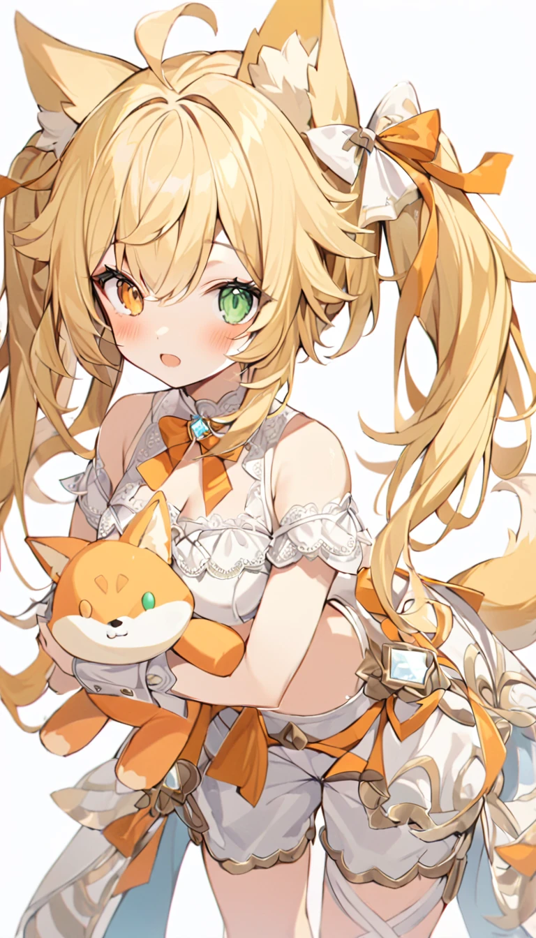 The fox girl,1girl, animal ears, bangs, bare shoulders, blonde hair, blush, bow, breasts, white cleavage, cropped torso, , green eyes, hair ribbon, heterochromia, holding, holding stuffed toy, looking at viewer, open mouth, orange bow, orange eyes, orange ribbon,  ribbon, solo, stuffed animal, , , twintails, upper body, full-length, white legbands, white shoes with lace and white bows, white background, wrist cuffs, yellow eyes, bloomers, close-up, fair skin frills, lace, midriff, skirt, solo, , white background,shorts, white top with ribbon and lace and trousers,trousers, genshin,white slippers with a bow,All clothes are white, laceAt full height, it stands