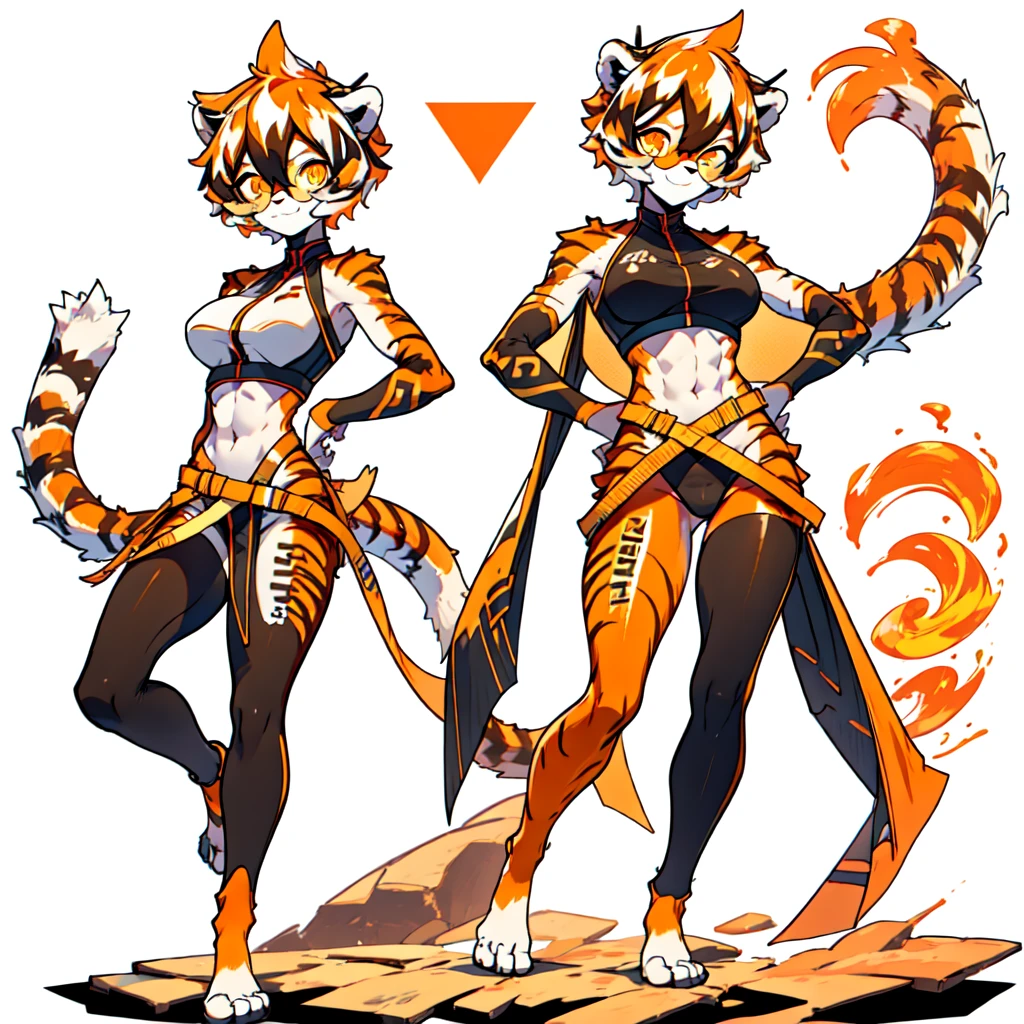 white background, full body, ((furry female:1.2)), Standing, animal ears, white hair, black hair, short hair, large breasts, muscle, tail, orange eyes, orange hair, multicolored hair, tiger girl, hair between eyes, tiger_ears, tiger_tail, orange-tinted_eyewear, tinted_eyewear, big breasts, evil smile, Shadows under feet, Abdominal muscles, (((ANTA outfit:1.2))),jk
