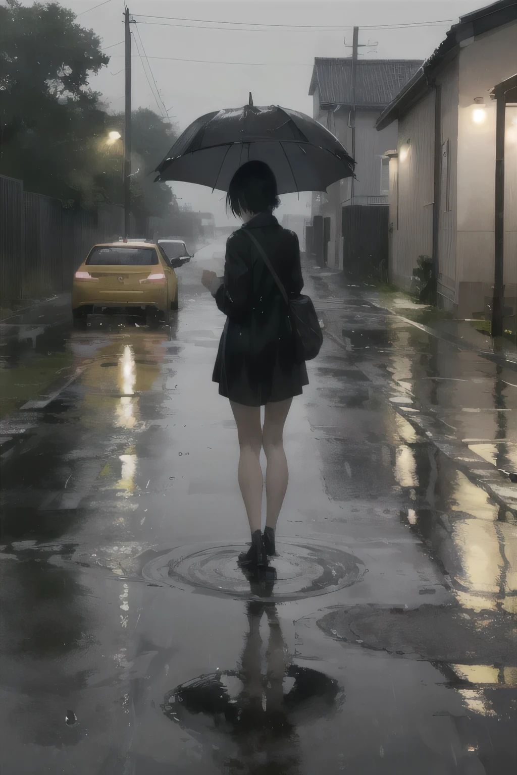 Browsing Caution, Avoid adult content, woman, Lonely evening,  Road along the river, puddle, It rains:1.21, raindrop, (((I don&#39;t have an umbrella))), Summer Uniforms:1.21, ((school sailor uniform, serafuku:1.37)), ((Navy Mini Skirt:1.21)), Red ribbon,walk, Bob Cut Hair, Brown Hair, bangs, Long eyelashes, Beautiful Eyes, Flat Chest, socks, loafers, Underwear visible through the jacket, (Strokes, Impressionism, Painting, Rich landscape), Disarray, Close-fitting clothes, Breast contour, ((Wet clothes)), See-through clothing, Movie Lighting,