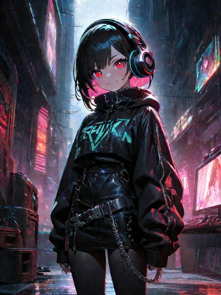 1 Girl, chromatic aberration, Written boundary depth, Soft Light, masterpiece, Highest quality, complicated, Tone Mapping, Very detailed, Art Station, Concept Art, Smooth, Clear focus, Dramatic lighting, Very detailed artwork, movie, super practical painting, Art Station's trending, 8K, Incredible Shadows, practical, (Very detailed background:1.0), whole body, View, Viewers, Very detailed portrait of one girl 1, standing on street corner, Heavy rain and lightning、Dark Sky, neon and cyber punk background, she is dressed in punk clothing with silver chains and silver spikes, Her hair was dyed a bright black color.，The middle part is black, She wears headphones, Detailed red eyes with clear pupils, Ominous aura of light, smile, punk, ciber punk, Backlight.Her hair is neatly tied back.、Announcer talking about horses&#39;tail、