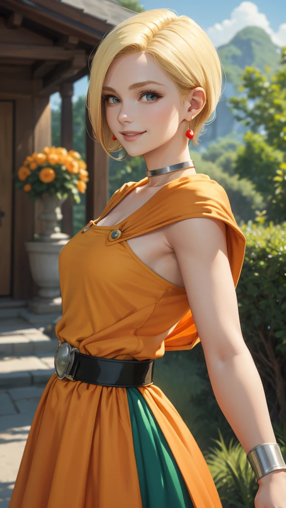 masterpiece, Highest quality, DQ Bianca, Single Blade, Earrings, choker, Blonde, Orange Cape, Green Dress, belt, Hands Behind Back, Facing forward, Small breasts, Upper Body, From the side, smile, fist