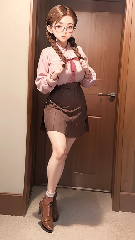 Best Quality, super detailed illustration, girlfriend, as viewed from below, tall, anime girl, gorgeous, masterpiece, giantess, indoors, inside, in bedroom, short hair, fluffy hair, bob hairdo, light brown hair, pink eyes, straight bangs, busty, curvy, large chest, huge chest, perky nipples, blushing, anime girl, busty, mature, pink eye colour, wearing white shirt, wearing pink cardigan, wearing short skirt, huge chest, biggest breasts, clips in hair, hair accessories, embarrassed, slim legs, extreme low angle, milf, sexy, mature, anime giantess, giantess girl, hair curls