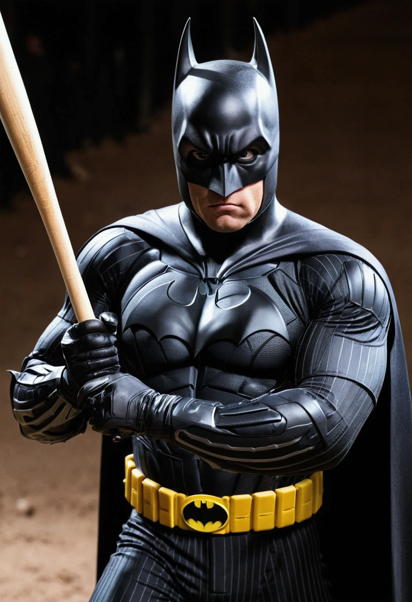 Batman:1.2, batter, 1man, hitting the ball very hard, black baseball bat, selective focus:1.2, white vertical stripes on black batman suit, full body shot, dc logo on batman’s forehead