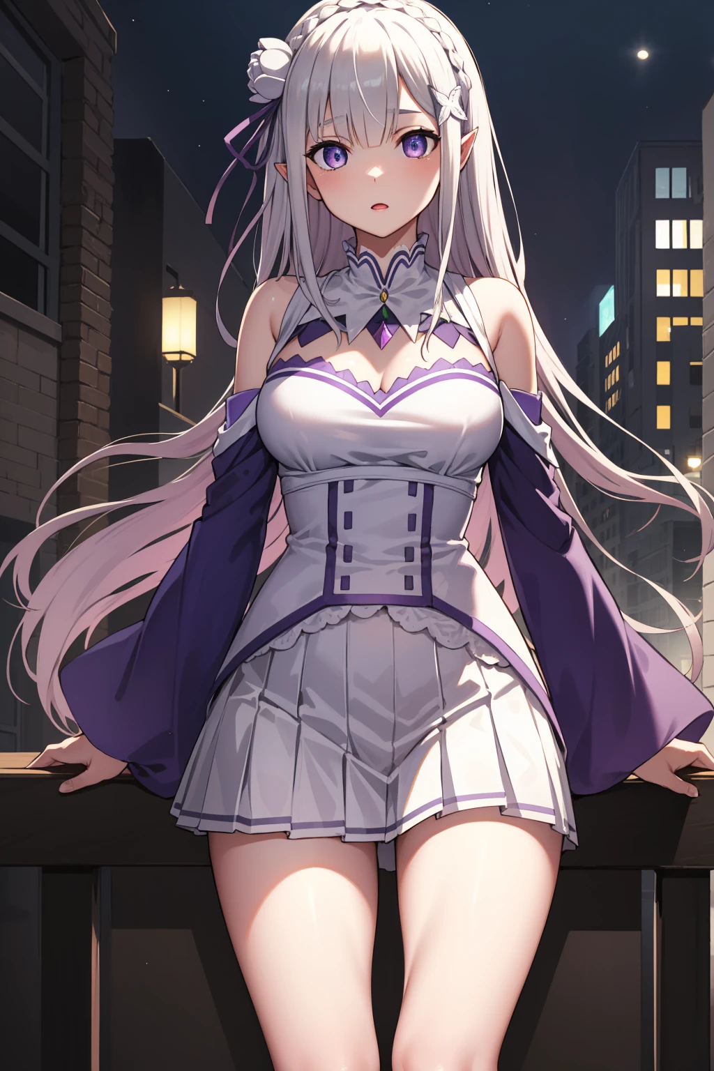 RezeroEmilia, emilia, braid, crown braid, flower, hair flower, hair ornament, hair Love, wide, pointy ears, (purple eyes:1.2), by white, x hair ornament,
BREAK detached neck, separate sleeves, mangas con steering wheels, steering wheels, long sleeves, miniSkirt, pleated Skirt, Love, Skirt, Thighs, white Skirt, white sleeves, white Thighs, wide sleeves, The Great Passage,
REST outdoors, City,
REST looking at the viewer, BREAK (Masterpiece:1.2), Best Quality, high resolution, unity wallpaper 8k, (illustration:0.8), (Beautiful detailed eyes:1.6), extremely detailed face, perfect lighting, Extremely detailed CG, (perfect hands, perfect anatomy), big breasts, deep neckline, big breasts, deep neckline, NSFW