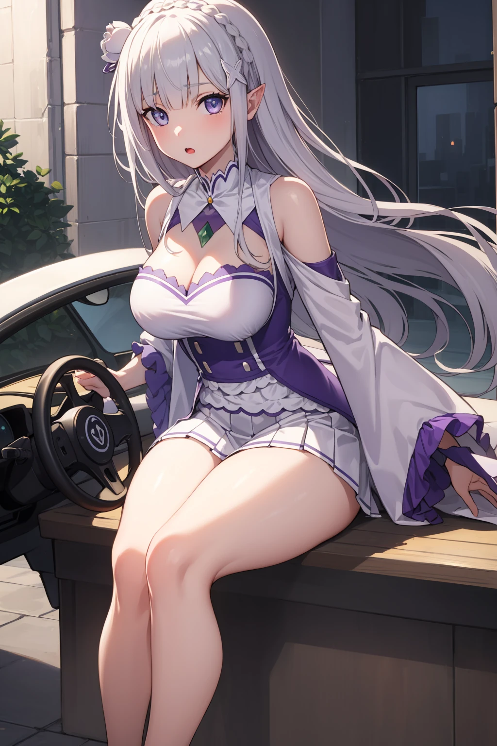 RezeroEmilia, emilia, braid, crown braid, flower, hair flower, hair ornament, hair Love, wide, pointy ears, (purple eyes:1.2), by white, x hair ornament,
BREAK detached neck, separate sleeves, mangas con steering wheels, steering wheels, long sleeves, miniSkirt, pleated Skirt, Love, Skirt, Thighs, white Skirt, white sleeves, white Thighs, wide sleeves, The Great Passage,
REST outdoors, City,
REST looking at the viewer, BREAK (Masterpiece:1.2), Best Quality, high resolution, unity wallpaper 8k, (illustration:0.8), (Beautiful detailed eyes:1.6), extremely detailed face, perfect lighting, Extremely detailed CG, (perfect hands, perfect anatomy), big breasts, deep neckline, big breasts, deep neckline, NSFW