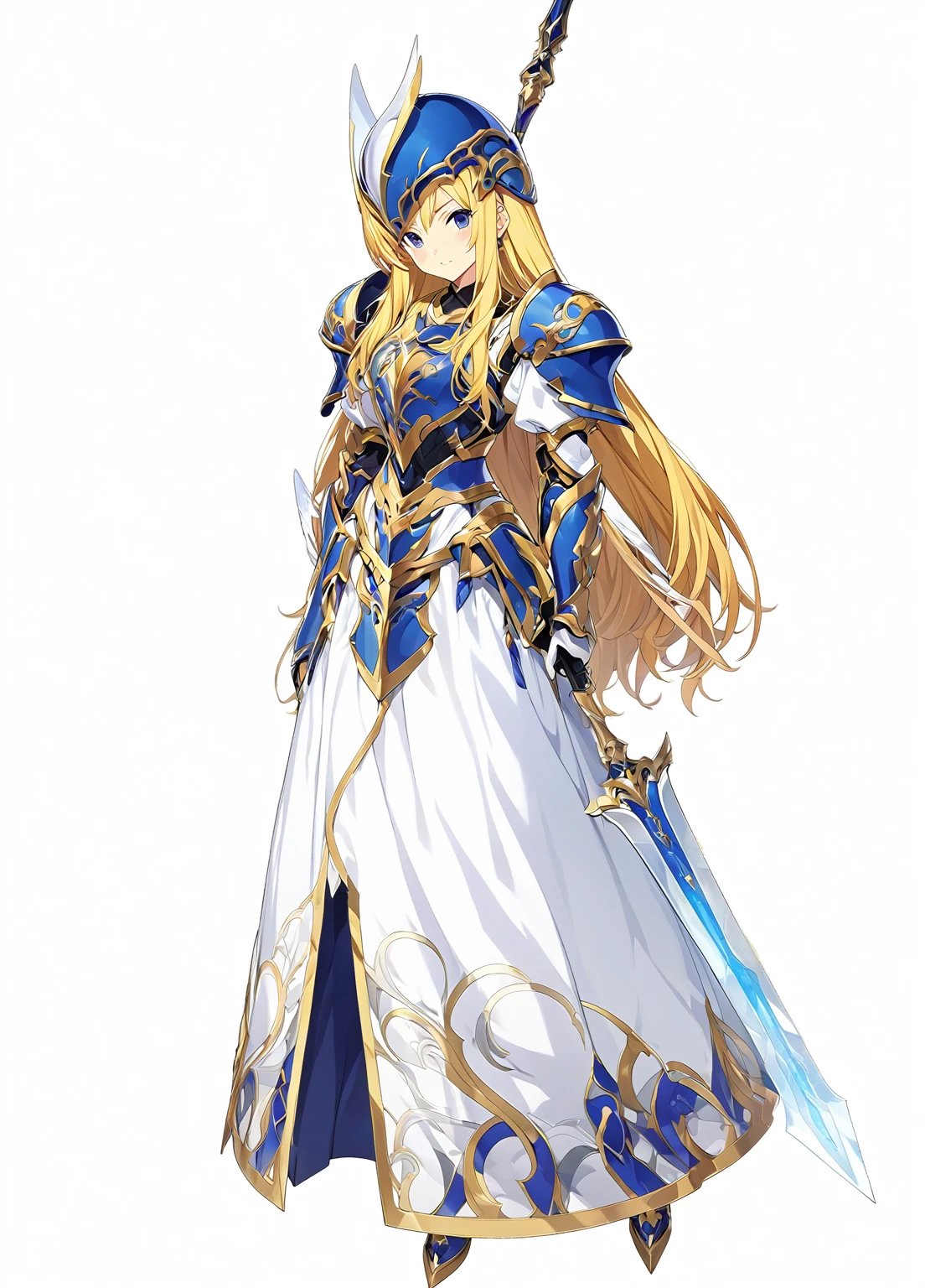high quality, high resolution, high qualityのゲームアートスタイル, whole body,Valkyrie,perfect hand,Official Art, Smooth game CG art, Visual Novel Sprites, White background,Smooth game CG art, (((Woman with a long spear))),A woman wearing a white dress and blue armor, An intricately designed helmet with white feathers,Small shield, (((In his right hand he holds an elaborate long spear))),Exquisite Blue Armor,Golden Hair, long hair, female knight, Rin々Shii,Large Bust,20-year-old,