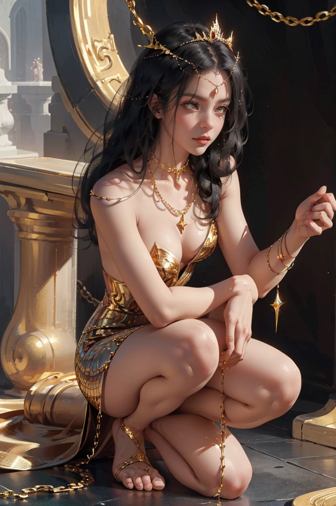((aeolian)), 1 girl, beautiful face, Princess, (wearing gold dress), very long black hair, no underwear, slim body, long legs, shiny skin, fantasy castle landscape, bare feet, ((squatting)), gold chains, holding a sword