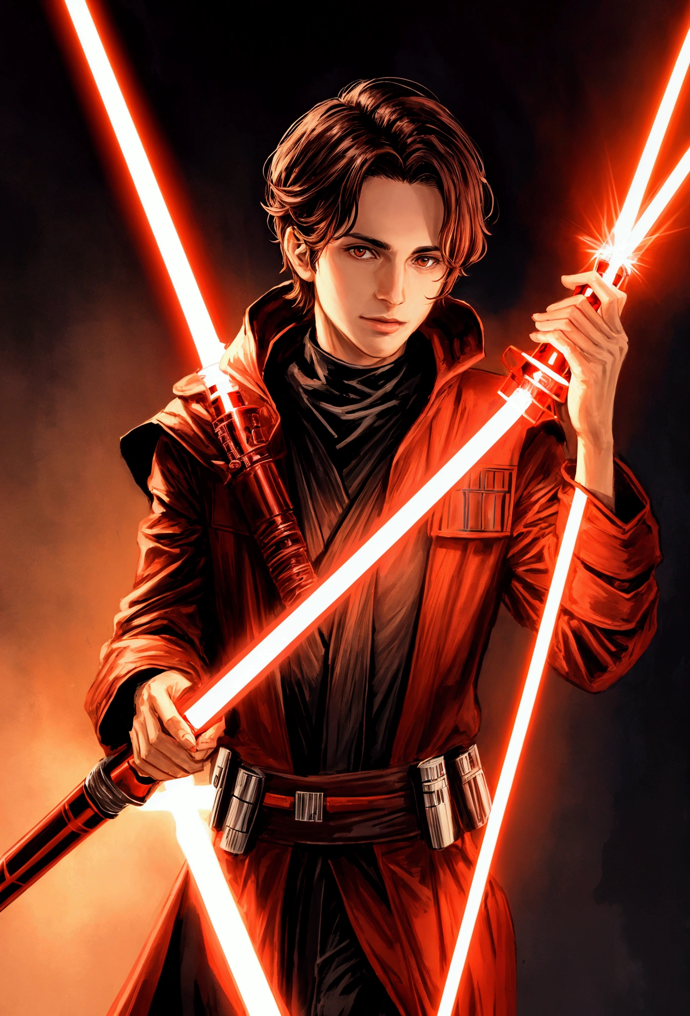  26 year old man brown hair brown eyes dressing as a sith lord holding a red star wars lightsaber