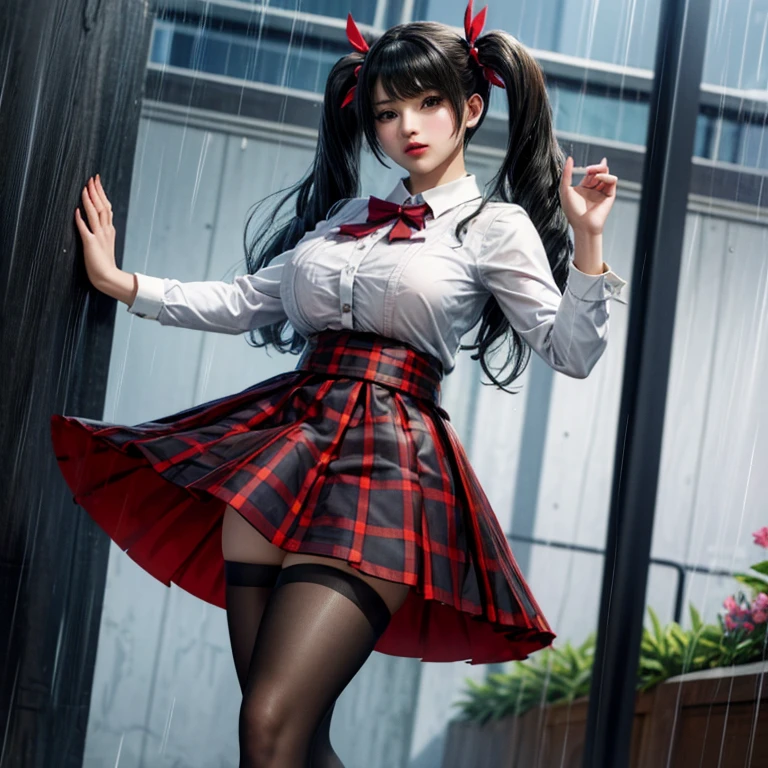 LingX,black hair,twintails,brown eyes,hair ornament, pantyhose (insanely detailed, masterpiece, best quality),solo, steam , rain , plaid skirt , pleated skirt , Tight shirt , white Shirt , school girl , red bow , red knot ,