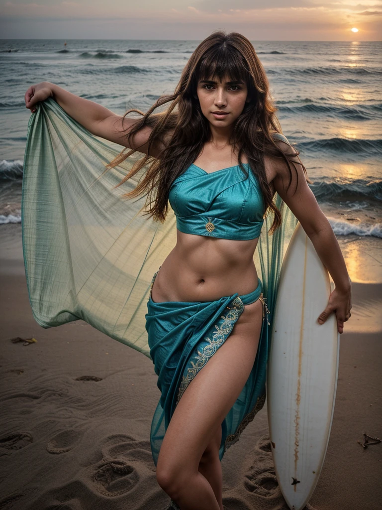 (((Chara Sophia))) 1Girl 18 years old, only, long messy hair, bangs, midsize , brunette hair, fullbody, realistic lips girl, sexy saree choli, sea, surfboard, beach, waves, sunset, vibrant colors, detailed textures, high resolution, professional photography