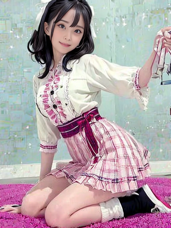 best quality, masterpiece, photo of over the knees, ank, kneeling, side view, A Japanese pretty girl, 20 yo, eye contact, smile, teeth, standing pose, horizontal view, low angle, 