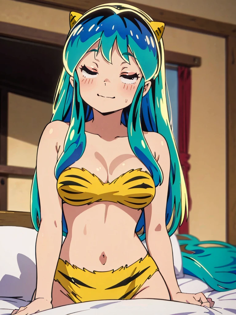 masterpiece, Highest quality, 1 Girl, Lum, 比基尼, anime, From before, blush, smile, Sweat, Embarrassing, Red lipstick, sexy, Sleeping with eyes closed
