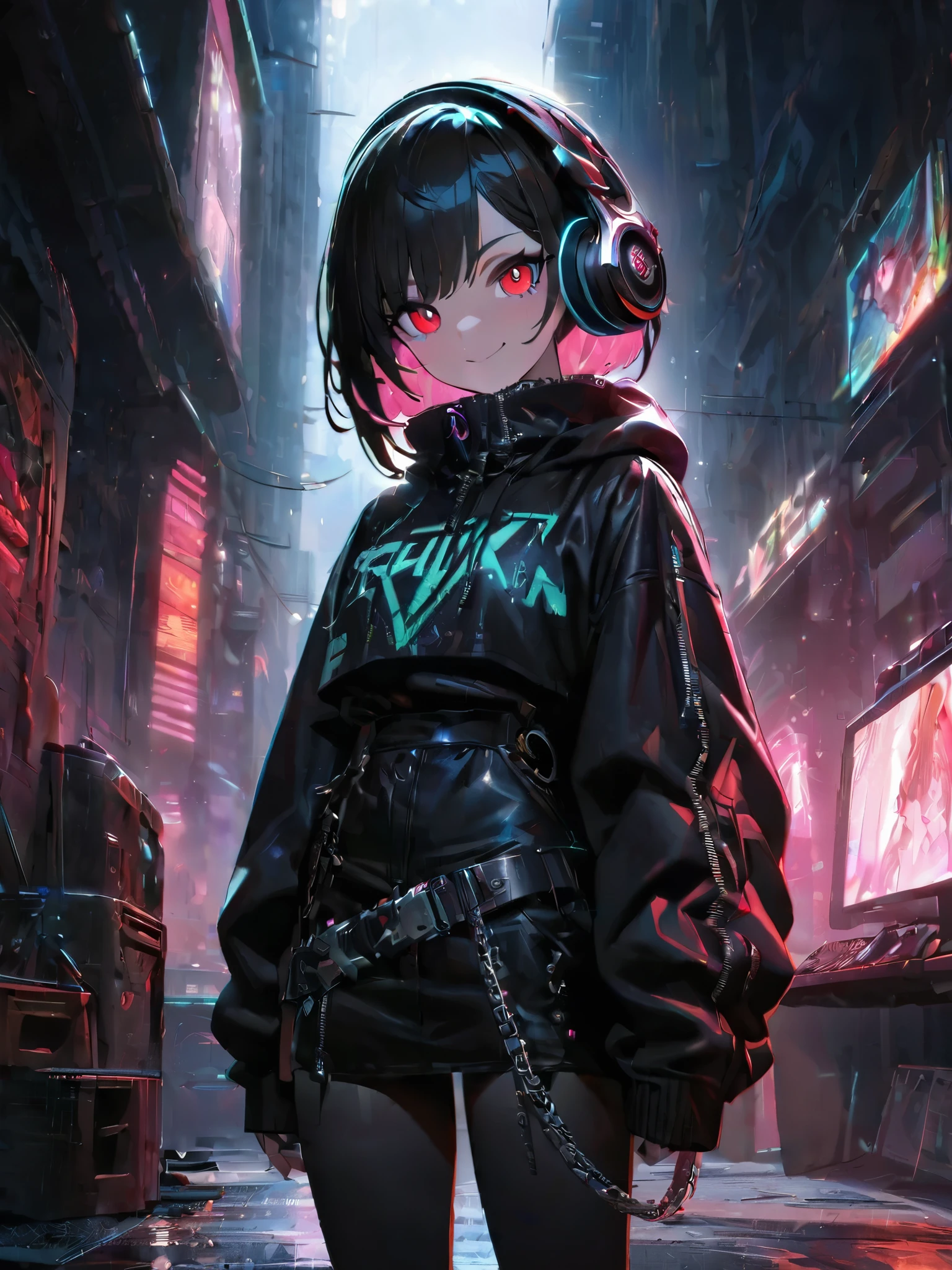 1 Girl, chromatic aberration, Written boundary depth, Soft Light, masterpiece, Highest quality, complicated, Tone Mapping, Very detailed, Art Station, Concept Art, Smooth, Clear focus, Dramatic lighting, Very detailed artwork, movie, super practical painting, Art Station's trending, 8K, Incredible Shadows, practical, (Very detailed background:1.0), whole body, View, Viewers, Very detailed portrait of one girl 1, standing on street corner, Heavy rain and lightning、Dark Sky, neon and cyber punk background, she is dressed in punk clothing with silver chains and silver spikes, Her hair was dyed a bright black color.,The middle part is black, She wears headphones, Detailed red eyes with clear pupils, Ominous aura of light, smile, punk, ciber punk, Backlight.Her hair is neatly tied back.、Announcer talking about horses'tail、