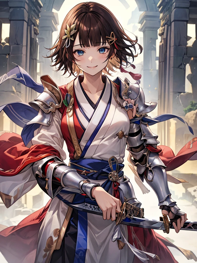 (((Smile)))、One Face、 (((A very cute face like a top Japanese idol)))、glowing eye、(((face focus)))、(((Holding a Japanese sword)))、One  girl, (((Short Hair ))), Composition from the front、(((Brown Hair)))、(((looking at the camera)))、(((hair ornaments)))、(((blunt bangs)))、(((Red and silver armor)))、((Highest quality)), ((masterpiece)),(detailed),High resolution,Sharp focus,Perfect Face,{Best illustrations}, (非常にdetailed CG unity 8k wallpaper),(((Vibrant colors))),Official Art, shiny 肌,very shiny 肌,Shiny body,plastic glitter 肌,exaggerated shiny 肌,Glowing Skin, ((detailedなボディ)),((detailedな顔))、A long red skirt、(((ancient ruins)))、Perfect Anatomy