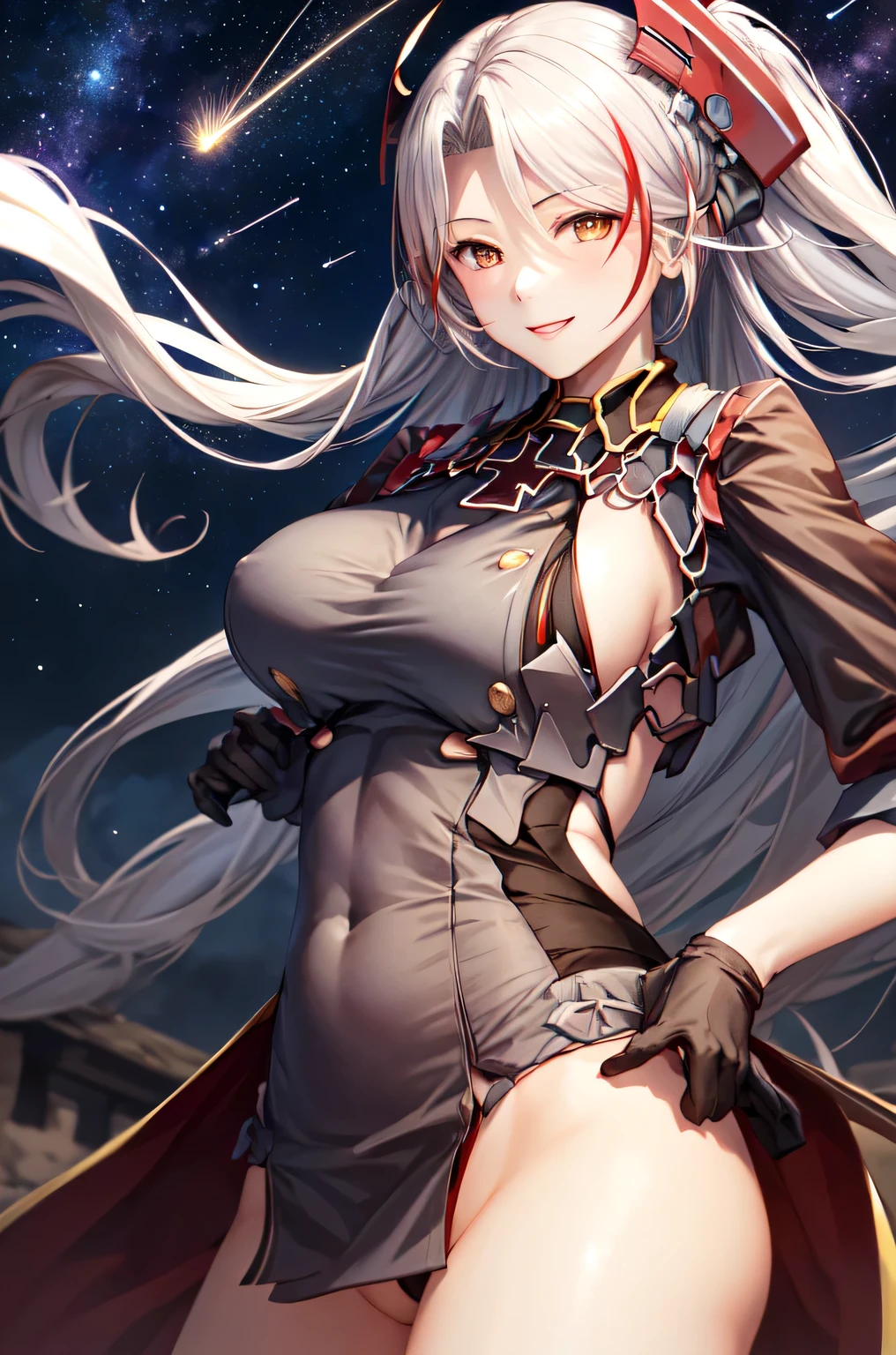 ((PrinzV4:1.5)),((solo, 1girl)) ((masterpiece,Highest quality,Highly detailed images,Beautiful images、Realistic、Dutch Angle)),(Image from an up-angle view)、 (Bright lighting overall、Backlight、A fantastic atmosphere、Thick Fog、Dust flutters),(Sexy pose、、large breasts, Charming smile), ((Mysterious night sky、shooting star、Stars Shining、Ocean))、Emphasize the chest、((sideboob)).((Image from chest up))