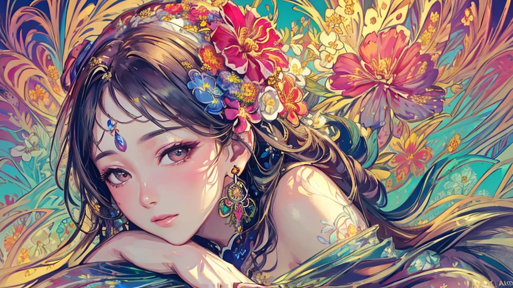 (masterpiece、Highest quality、Highest quality、Official Art、Beautiful, beautiful:1.2)、Picturesque、sketch、texture、Ultra-high resolution、alone、Beautiful woman、Very detailed、(Fractal Art:1.1)、(colorful:1.1)(Floral:1.6)、Most detailed、(Tangled:1.2)、(Dynamic pose)、(Abstract background:1.3)、(Shiny skin)、(Many colors:0.8)、、(Earrings:1.4)、Taisho romance