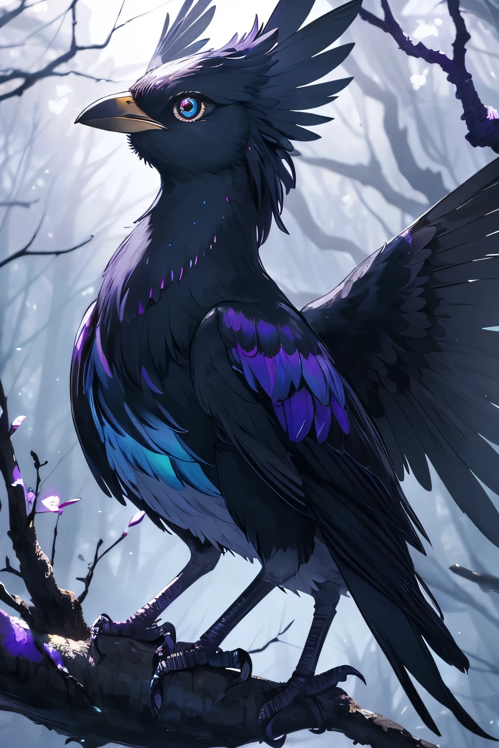 Magic Black Bird S2:
This enchanting image features a stunningly detailed Magic Black Bird, straight out of a 8K Unity CG animation. The bird's feathers are rendered with an ultra-realistic touch, shimmering in hues of deep black and iridescent purple under the soft glow of a spotlight. Its eyes sparkle with an otherworldly intelligence, while its beak is sharp and angular, perfectly balanced against its delicate wings.
The bird is perched on a gnarled branch, surrounded by a mystical forest bathed in dramatic shadows. Light particles dance around it, adding an ethereal quality to the scene. The background bokeh is soft