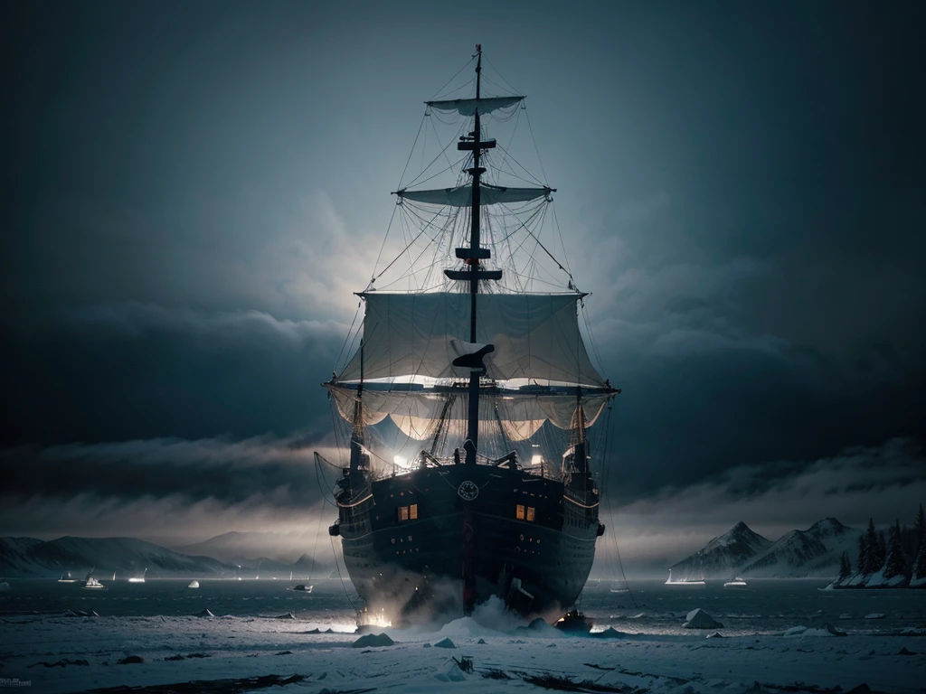 Render a ghostly ship sailing through thick fog, with its eerie silhouette and tattered sails hauntingly visible, surrounded by the surrounded by the full of snow-covered trees in the arctic mountains, 8k, full vivid color, hyperdetailed