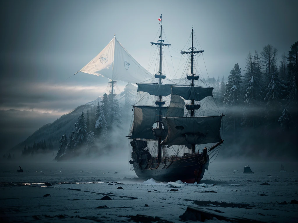 Render a ghostly ship sailing through thick fog, with its eerie silhouette and tattered sails hauntingly visible, surrounded by the surrounded by the full of snow-covered trees in the arctic mountains, 8k, full vivid color, hyperdetailed