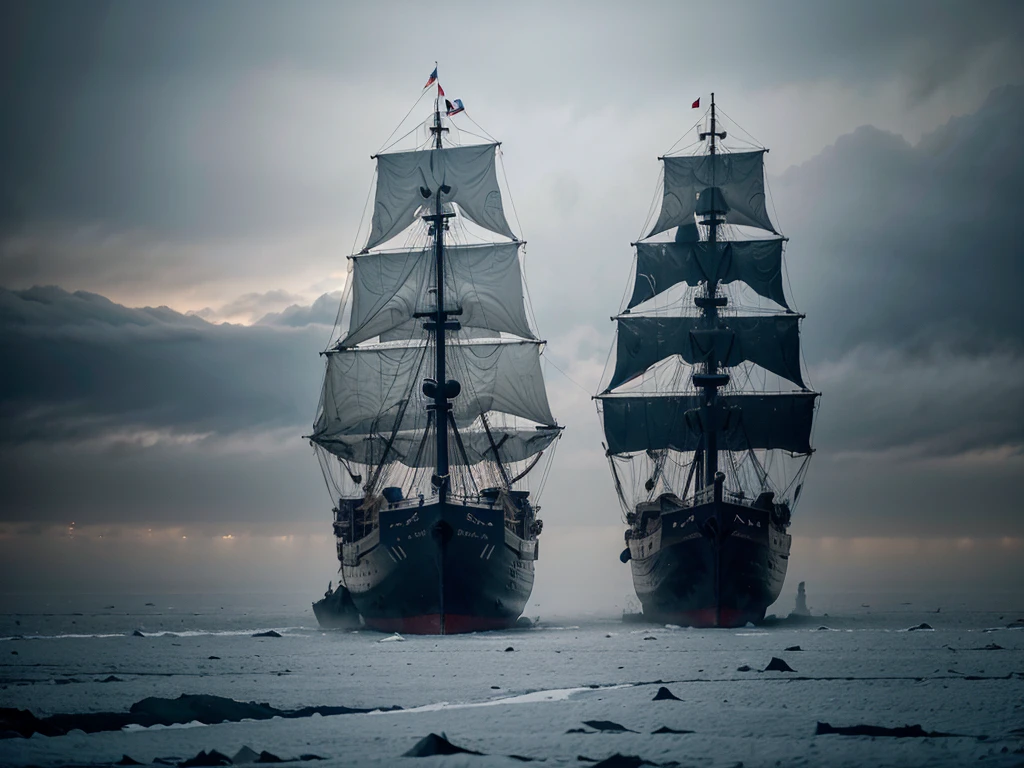Render a ghostly ship sailing through thick fog, with its eerie silhouette and tattered sails hauntingly visible, surrounded by the surrounded by the full of snow-covered trees in the arctic mountains, 8k, full vivid color, hyperdetailed