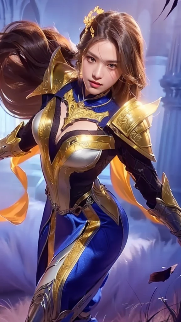 a woman in a blue and gold outfit holding a sword, portrait knights of zodiac girl, highly detailed, realistic, intricate details, volumetric lighting, elegant, cinematic, dramatic, epic scale, rich colors, chiaroscuro lighting, ornate armor, flowing cape, determined expression, intense gaze, fantasy, digital painting, concept art, award-winning