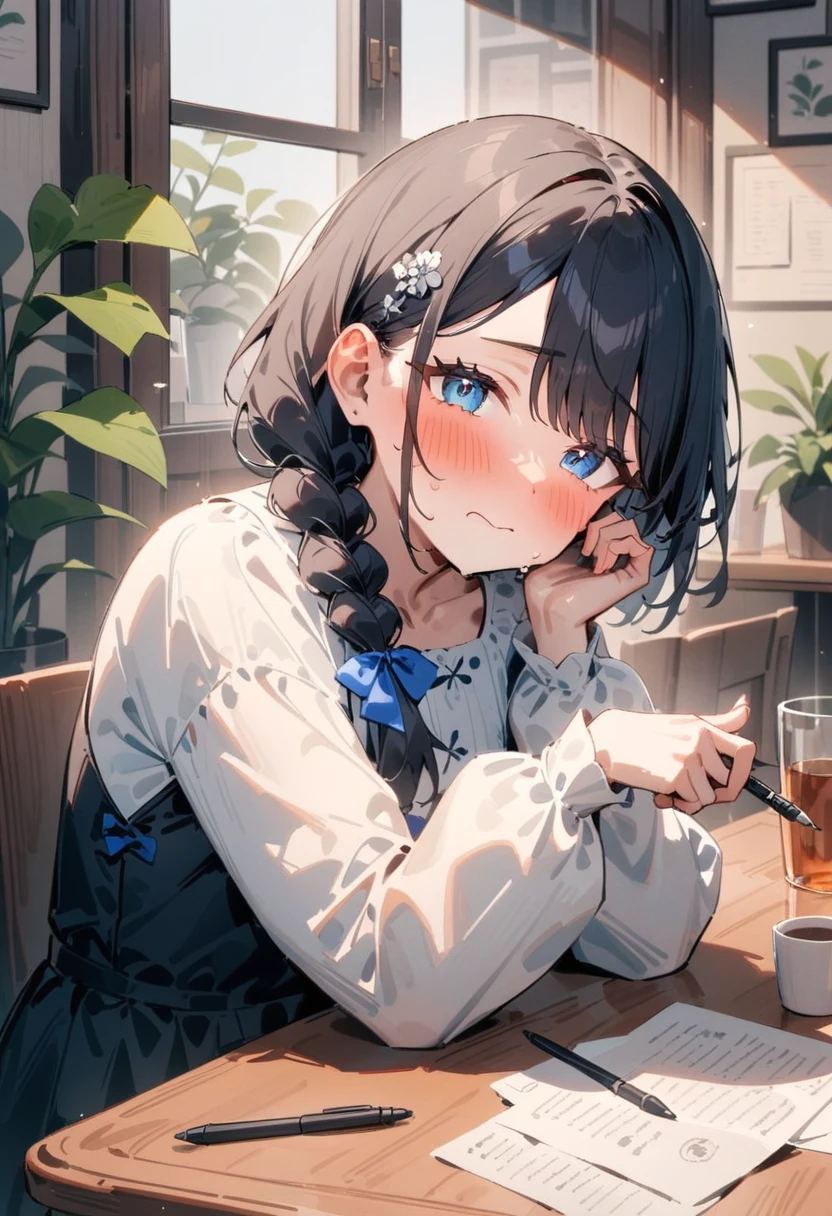 masterpiece, best quality, very aesthetic, absurdres, newest, 1girl, solo, asymmetrical bangs, tareme, looking at viewer, blush, drunk, blue eyes, black hair, hair ornament, long sleeves, dress, holding, twintails, sitting, closed mouth, braid, indoors, cup, paper, window, table, plant, hair over shoulder, pen, potted plant, holding pen